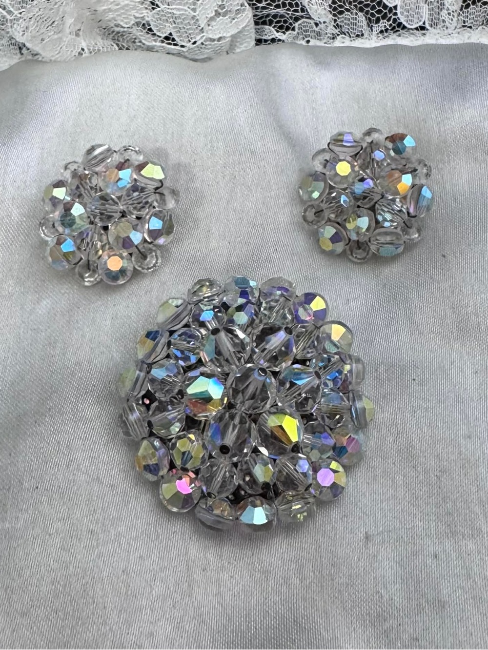 Crystal Aurora Borealis Cluster Brooch with Matching Cliip On  Earrings - Clear